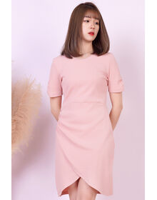 Fine Round Neck Pit Striped Wrap Ruched Asymmetrical Dress (Pink)